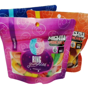Assorted candies in colorful packaging: Mighty Munchies available in 1200 mg and 2400 mg sizes, the ultimate snack full of natural goodness in every bite.