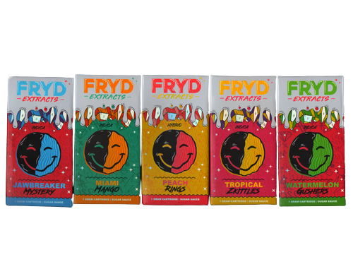 Dive into a vaping paradise with FRYD EXTRACTS' Fryd Sugar Sauce 510 Vape Cartridges. Enjoy tasty flavors and premium cannabis oil for a blissful experience.