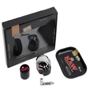 Elevate your smoking experience with the RAW Brand Black Smoking Set: premium grinder, stylish ashtray, and durable metal smoking pipe for aficionados.