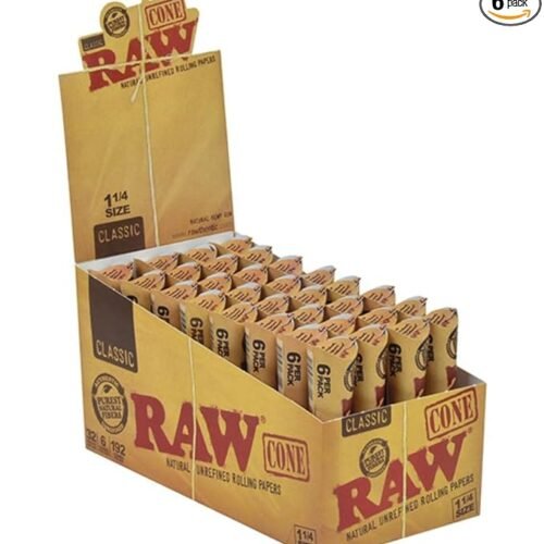 RAW Classic 1¼ Cones - 6 Cone Pack: Natural hemp fiber and gum pre-rolled cones. Convenient, chlorine-free, and perfect for all smokers. Enjoy a smooth burn and enhanced herb flavors.