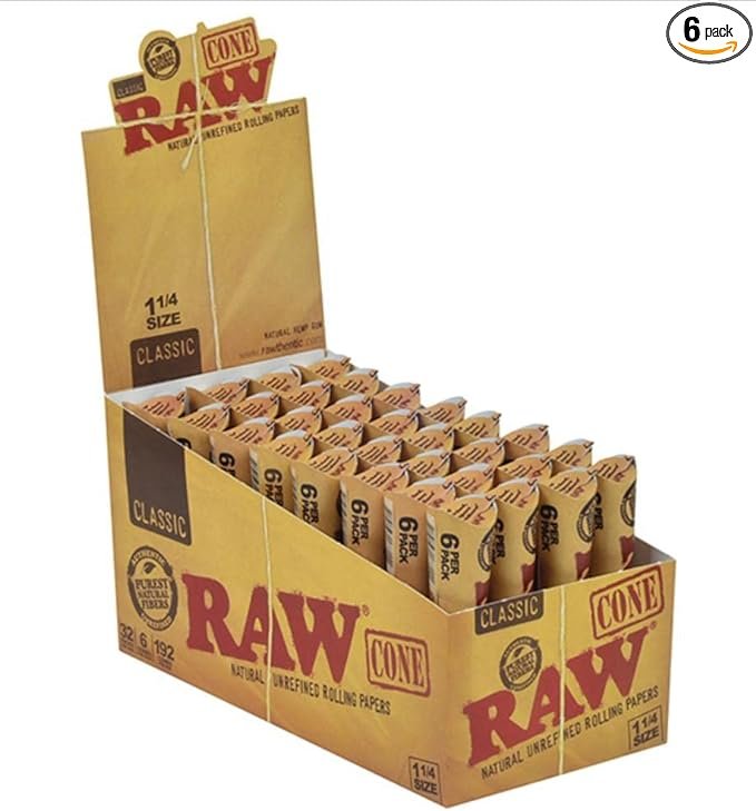 RAW Classic 1¼ Cones - 6 Cone Pack: Natural hemp fiber and gum pre-rolled cones. Convenient, chlorine-free, and perfect for all smokers. Enjoy a smooth burn and enhanced herb flavors.