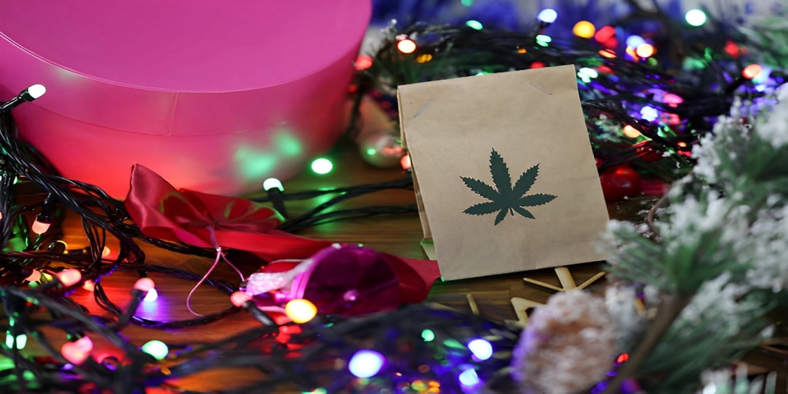 Paper bag with marijuana plant decorating the bag